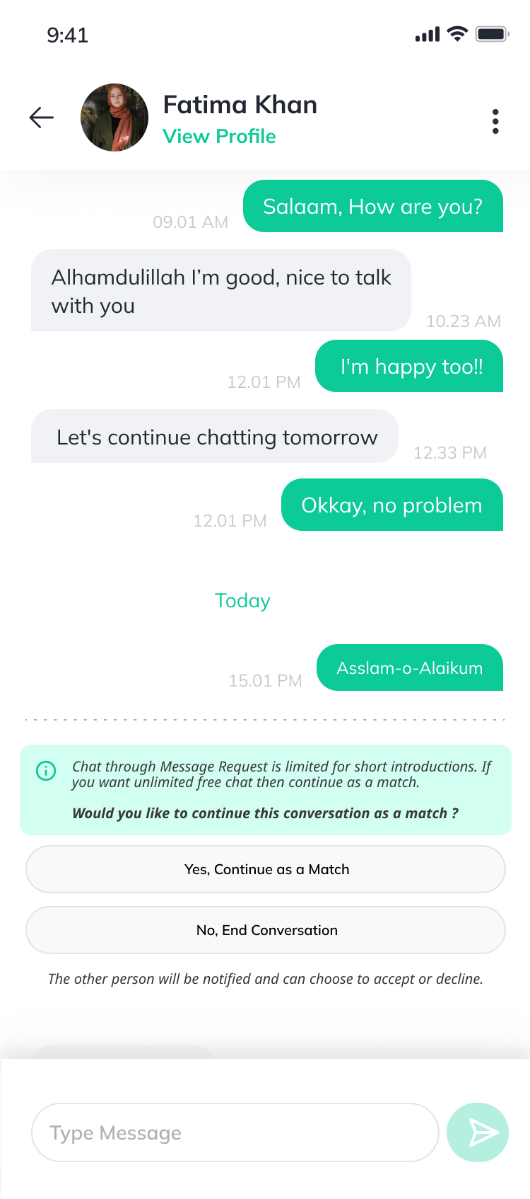 Message Request chat with continue as match prompt